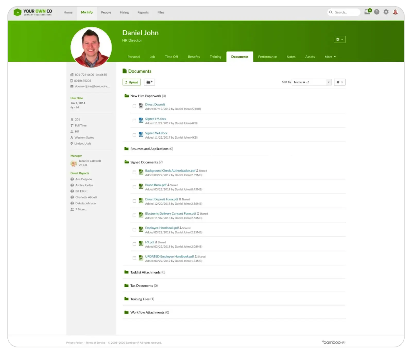 BambooHR displays its electronic employee personnel folder for someone named Daniel John, including a list of completed documents like Background Check Authorizations and the Employee Handbook.