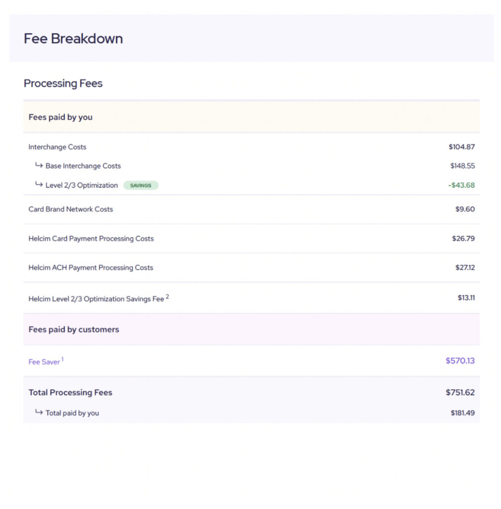 Sample Helcim bill with level 2 and 3 optimization fees and savings displayed.