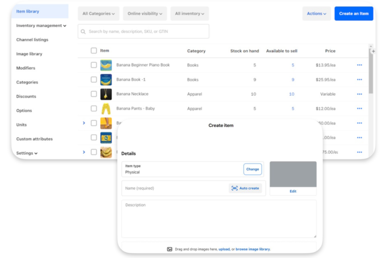 Inventory screen showing a list of banana-themed products and item creation form.