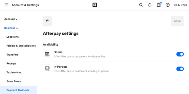 Afterpay settings on Square interface