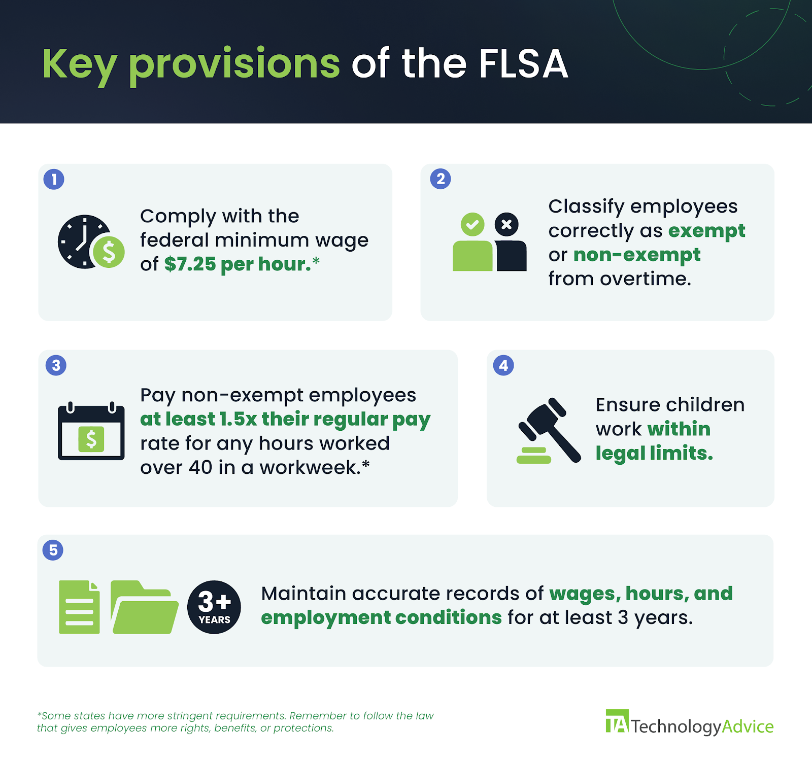 Five boxes with icons list the five key provisions of the FLSA, including minimum wage, employee classification, overtime pay, child labor, and recordkeeping requirements.