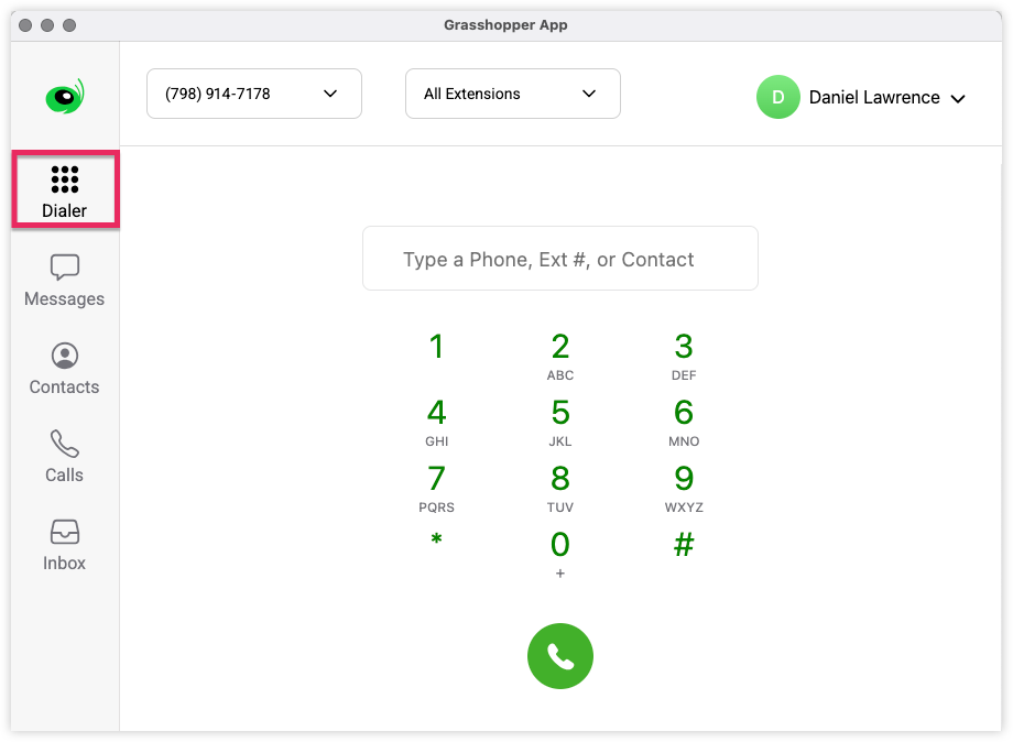 Grasshopper call dialer featuring the phone pad in the mobile app.