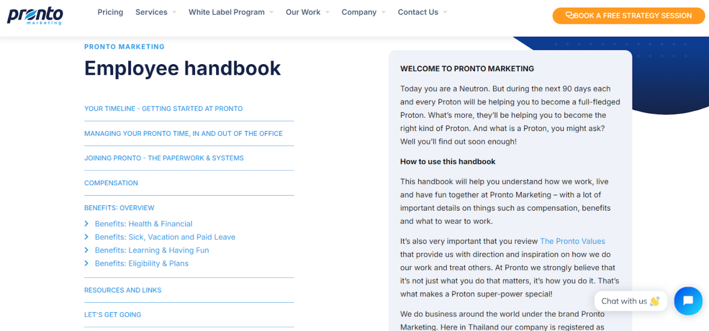 Pronto Marketing employee handbook’s table of contents displaying topics like compensation, benefits, and company resources.