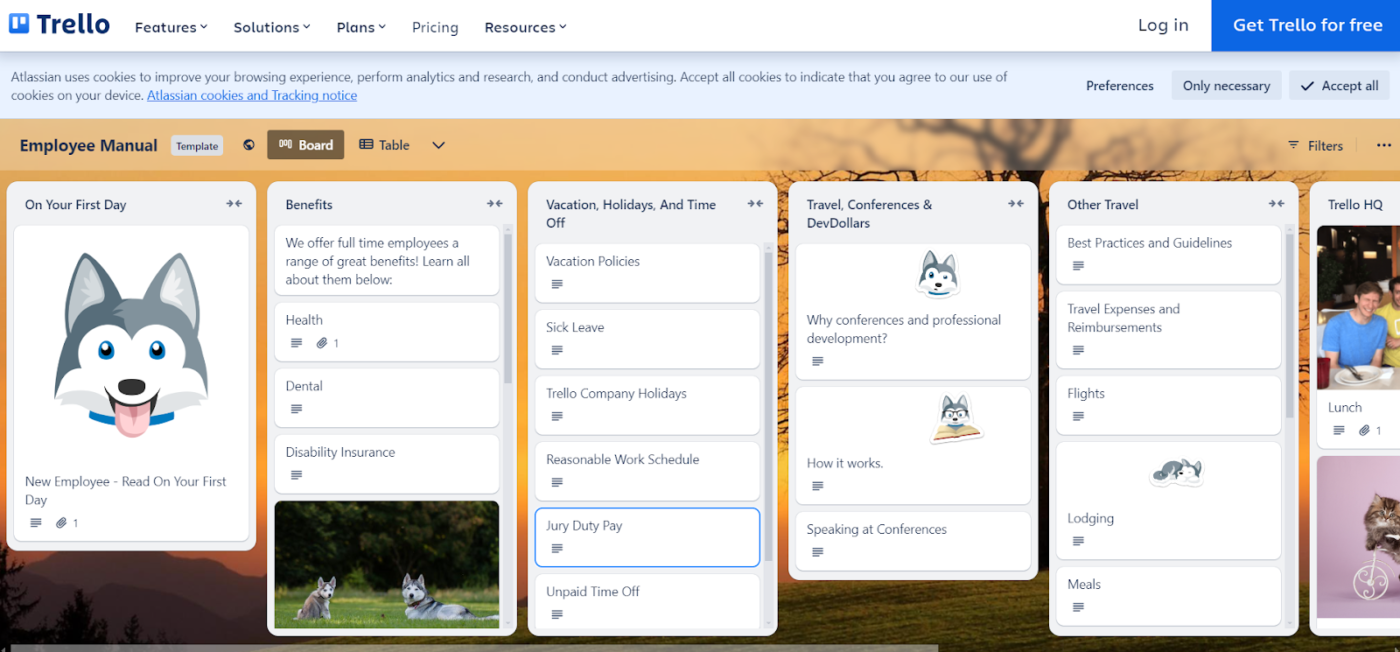 Trello's employee handbook displayed as a Kanban board with cards like company policies, benefits, and onboarding.