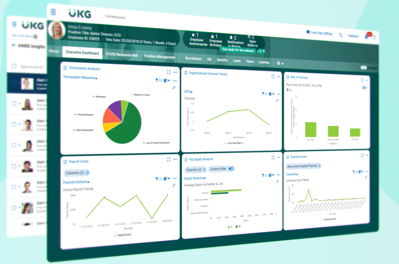 UKG Ready displays an executive dashboard with widgets for various HR metrics.