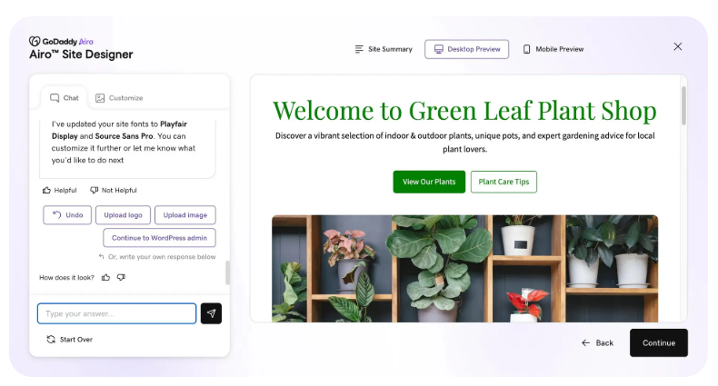 GoDaddy Airo Site Designer with a customization panel for a green leaf plant shop website.