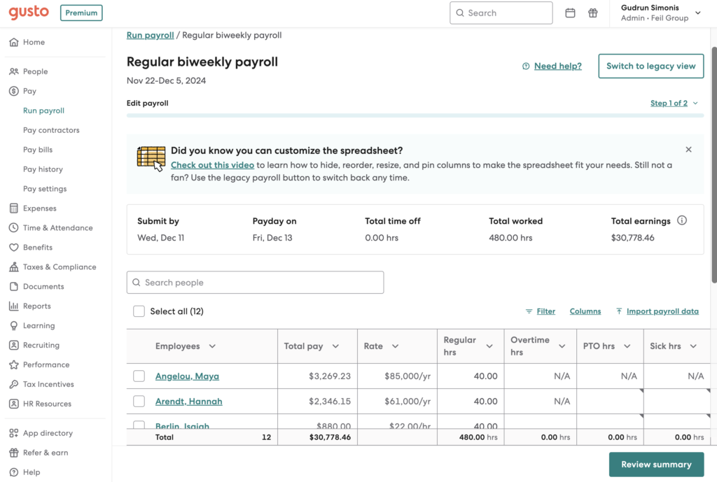 Gusto payroll module with a spreadsheet containing different columns for pay data like employee name, total pay, and PTO hours.