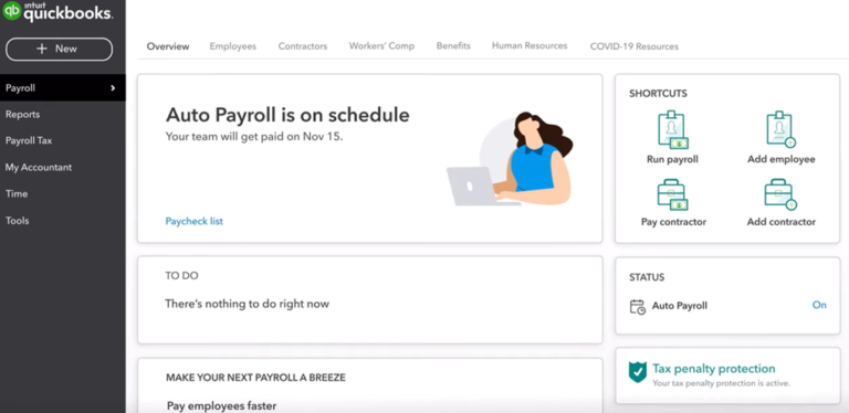 QuickBooks Workforce dashboard with different widgets for pay runs, task lists, and an auto payroll option.