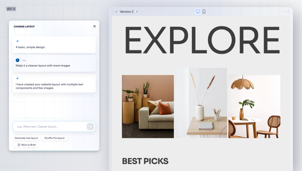 Wix website landing page with a layout customization panel and a chat conversation with the AI site editor.