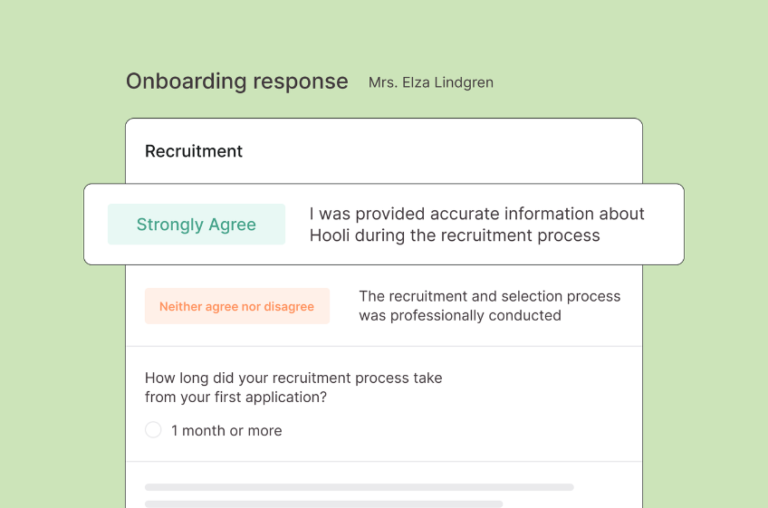 A screenshot of Culture Amp's onboarding survey showing a Likert scale question about the recruitment process.