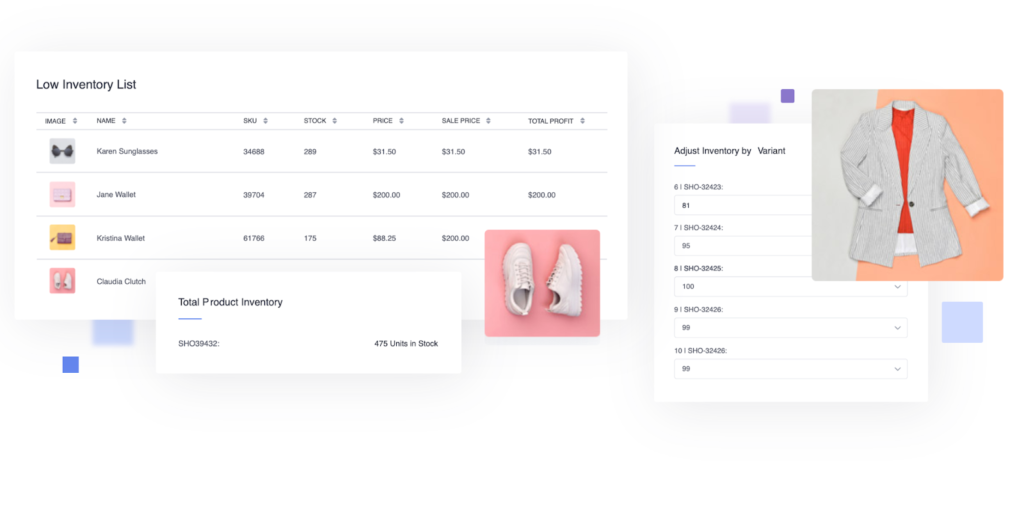 Inventory management dashboard with sample products, variants, and low inventory list.