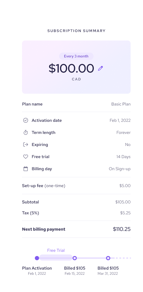 Helcim subscription management feature showing samplecustomized subscription summary.