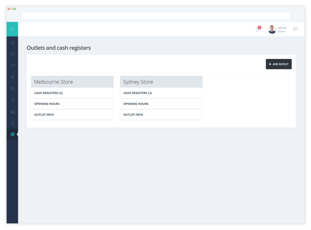 Hike POS dashboard displaying cash register details for 2 store locations.