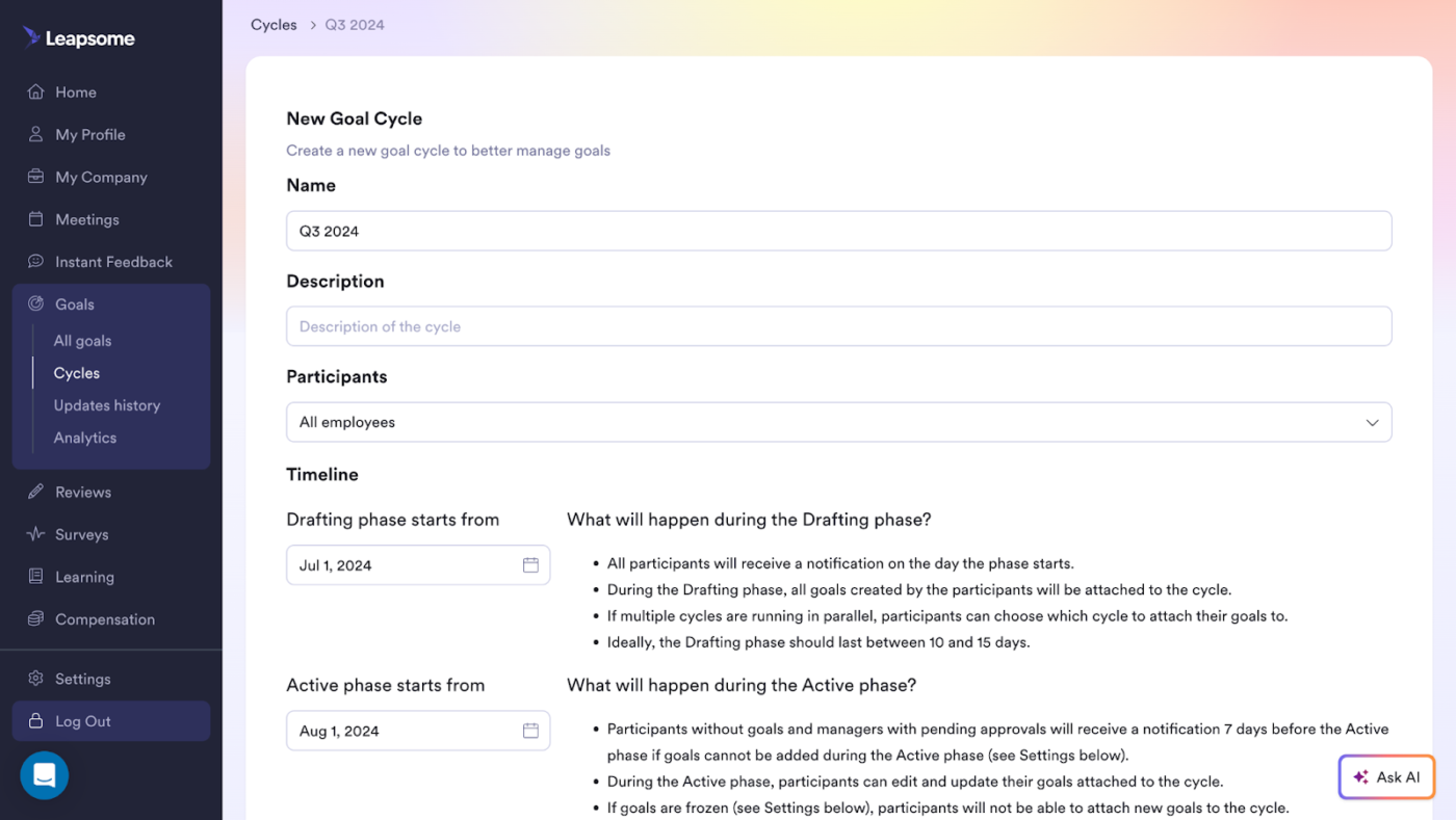 Leapsome’s goal-setting interface showing fields like new goal cycle, name, description, participants, and timeline.