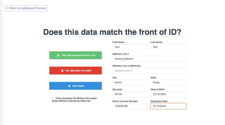 Lightspeed ID verification dashboard showing 3 buttons for ID results on the left and test ID fields on the right.