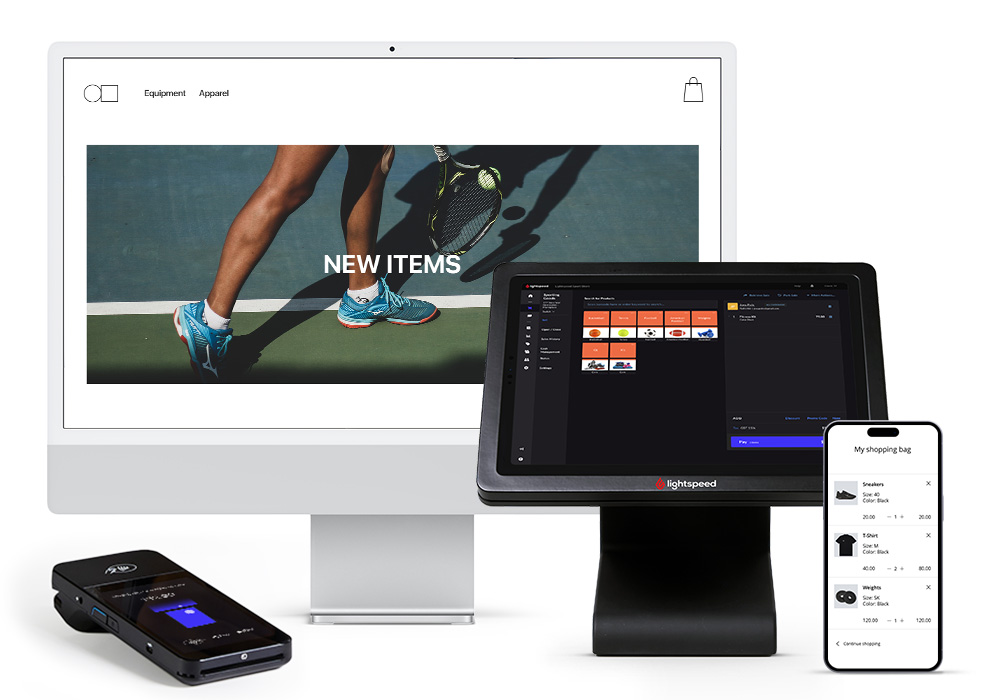 Lightspeed POS system on ecommerce website, checkout register, smartphone, and stand alone mobile POS hardware.
