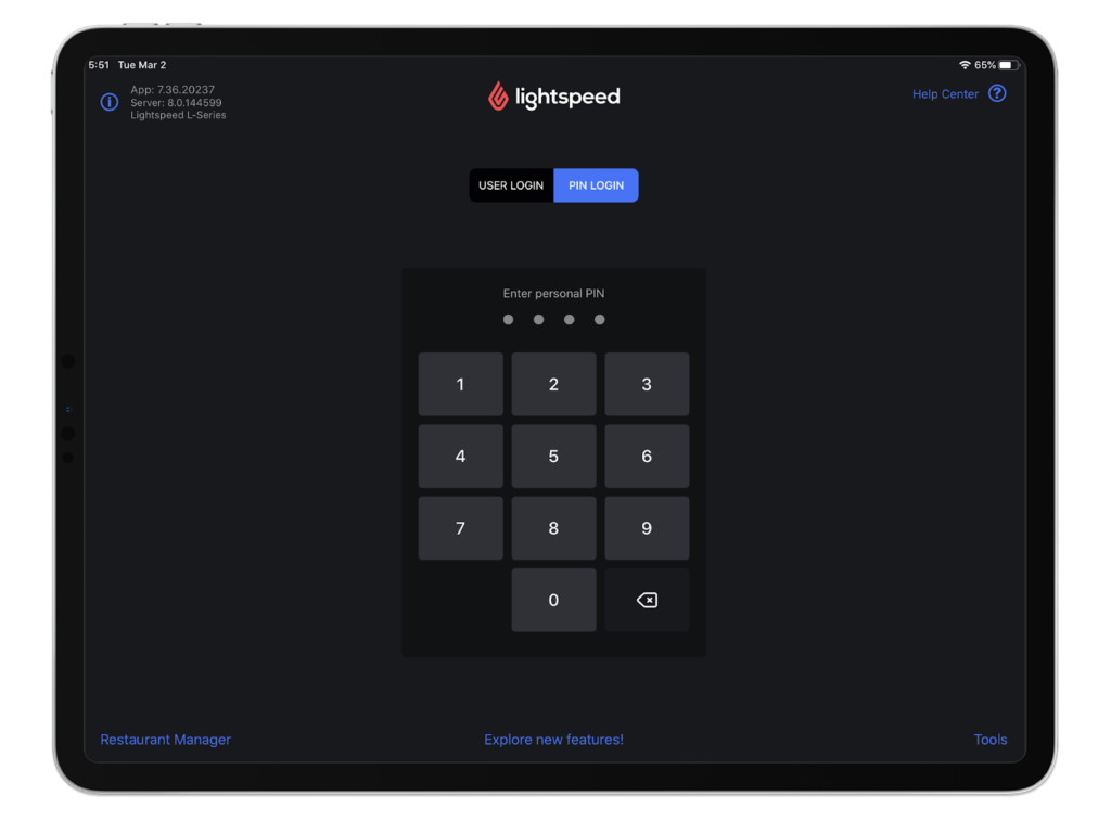 Lightspeed POS software with login PINPad display