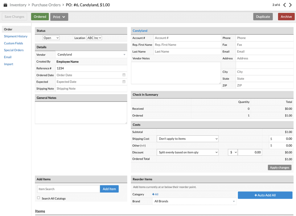 Lightspeed POS vendor management dashboard displaying sample purchase order form.