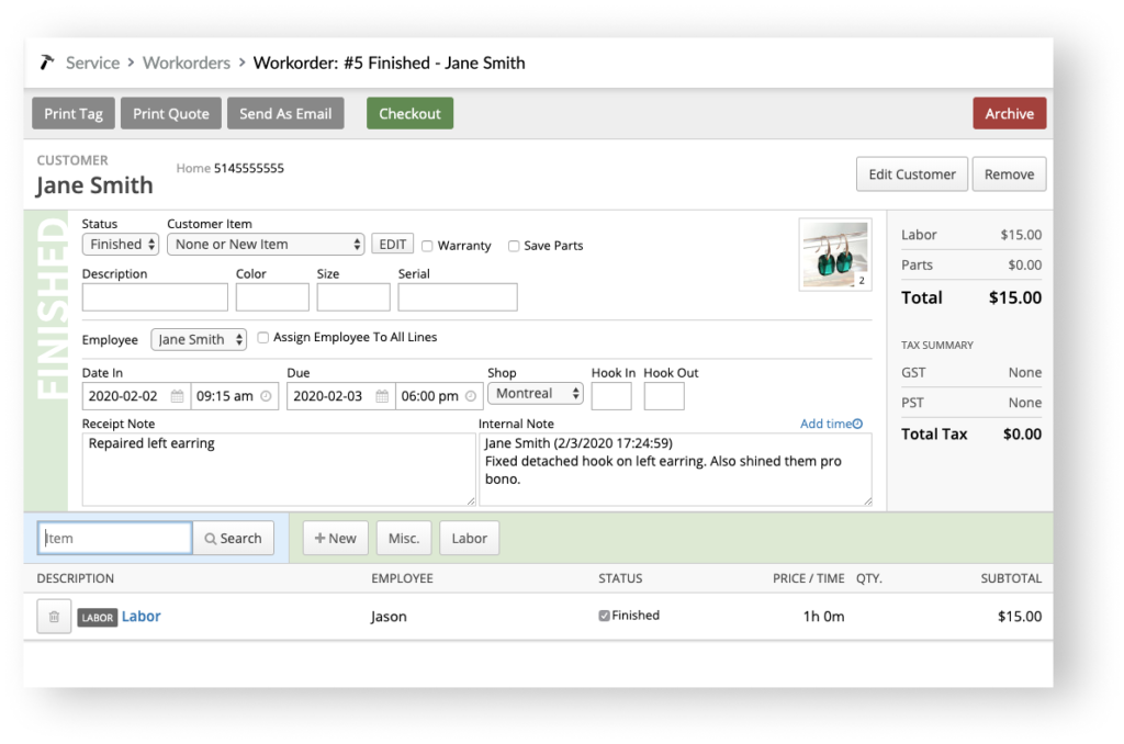 Lightspeed work order management dashboard with sample work order in progress.