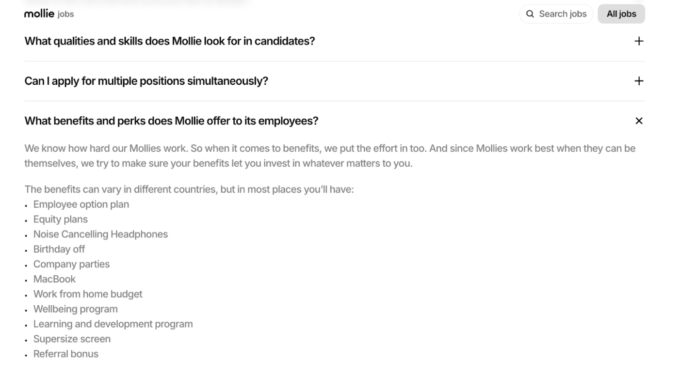 Mollie’s FAQ section that shows an overview of the hiring process, required skills, and benefits offered.