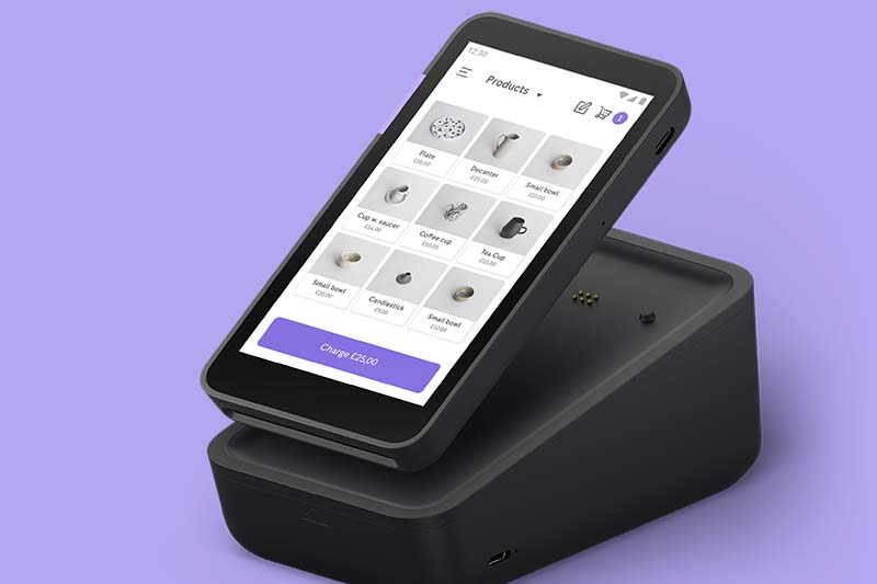 PayPal Zettle stand alone mobile POS with sample inventory display.