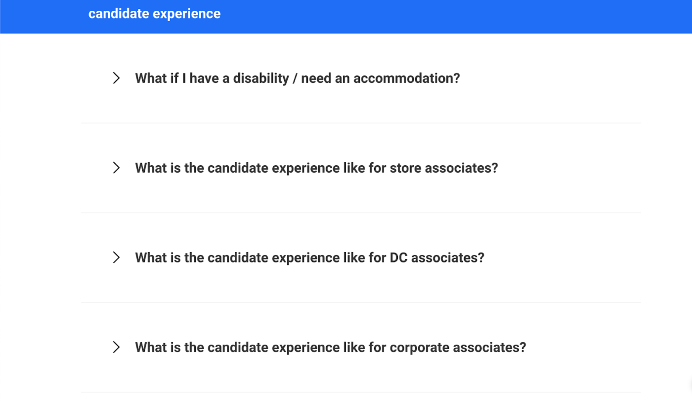 PetSmart careers FAQ section with sample questions and answers covering the candidate experience, available roles, benefits, and candidate requirements.