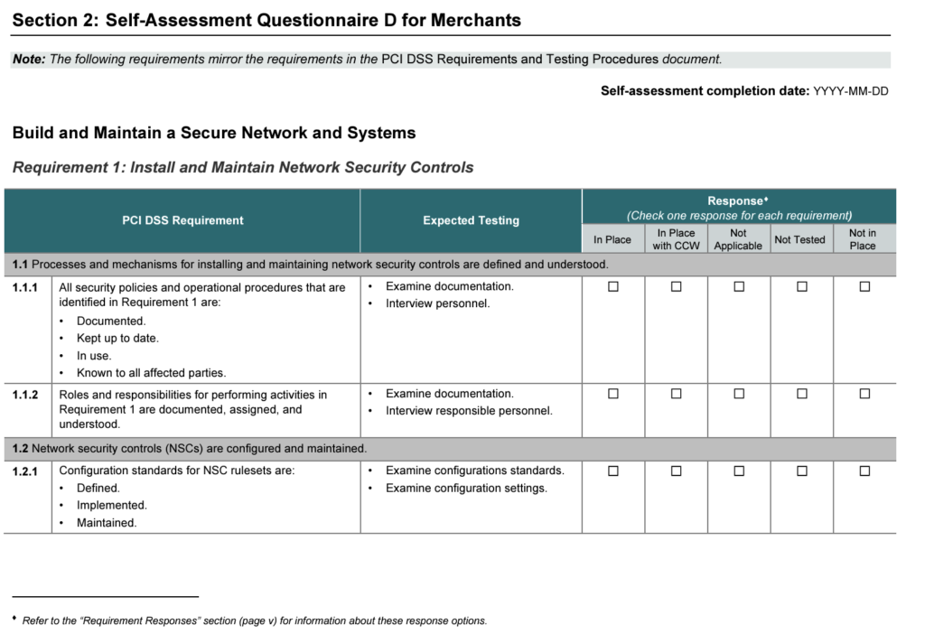 Sample page of the PCI DSS Requirement assessment page for merchants showing tables for requirements 1.1 and columns for Expected Testing and Response.