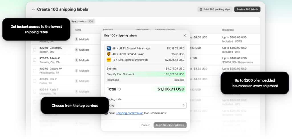 Shopify shipping dashboard displaying sample shipping labels and pricing.