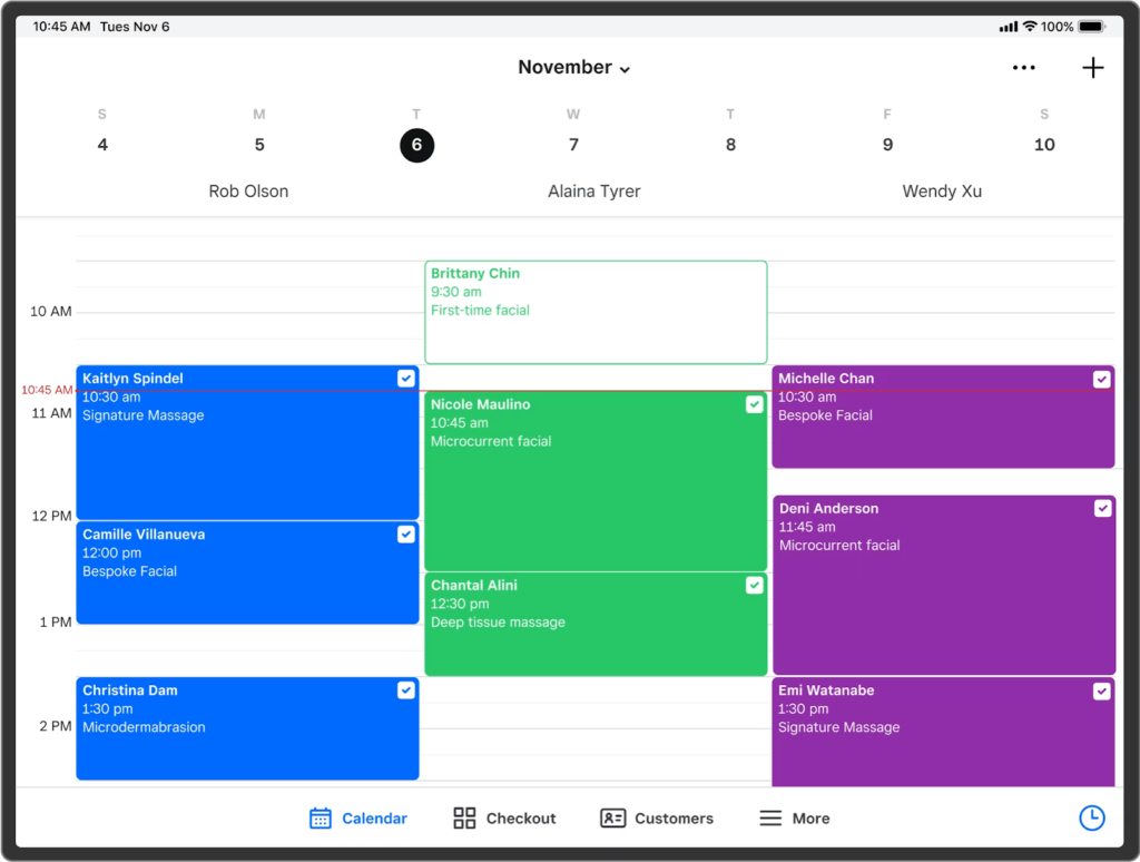 Square POS appointments dashboard showing sample appointment schedules and shortcut menus at the bottom of the screen.