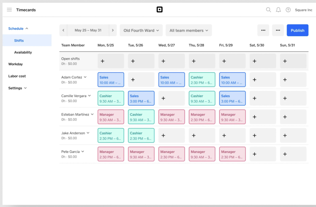 Square team management dashboard with sample time cards.