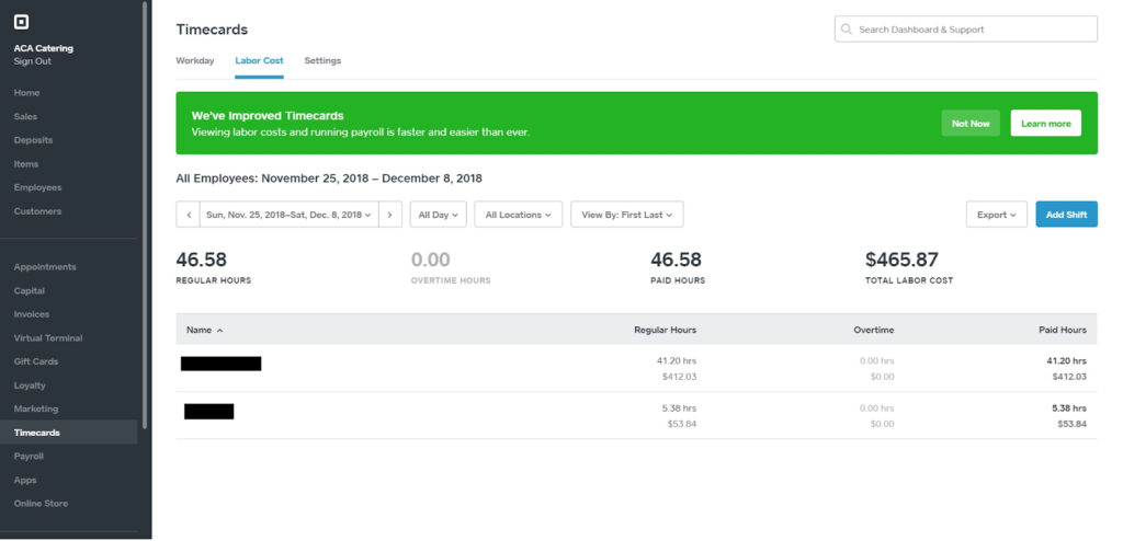 Square Payroll dashboard displaying sample timecard reports.