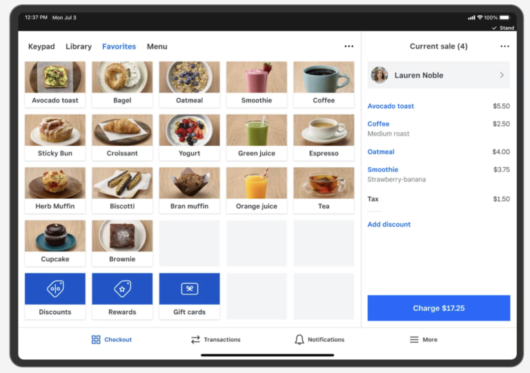 Square checkout  for in-store POS with sample menu and quick links, and sample sale for charging.