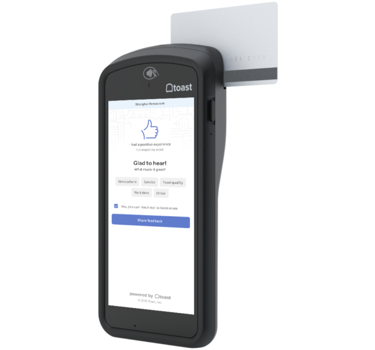 Toast handheld POS displaying customer feedback interface.