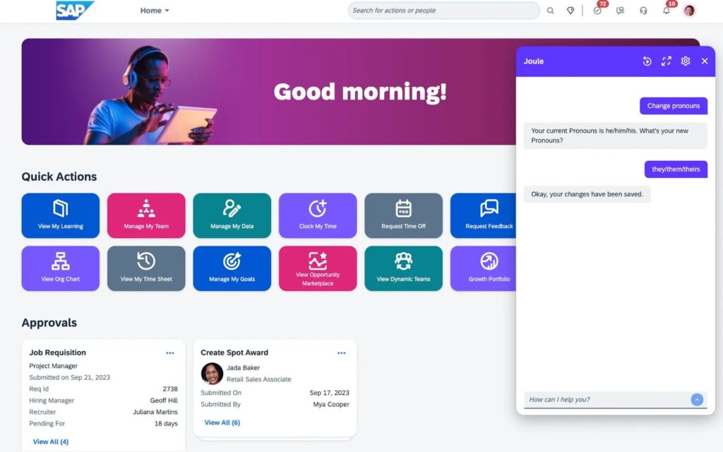 SAP displays a chat window popup on its homepage showing a conversation between Joule and a user, with the user asking to change their pronouns to they/them/theirs and Joule completing the task.
