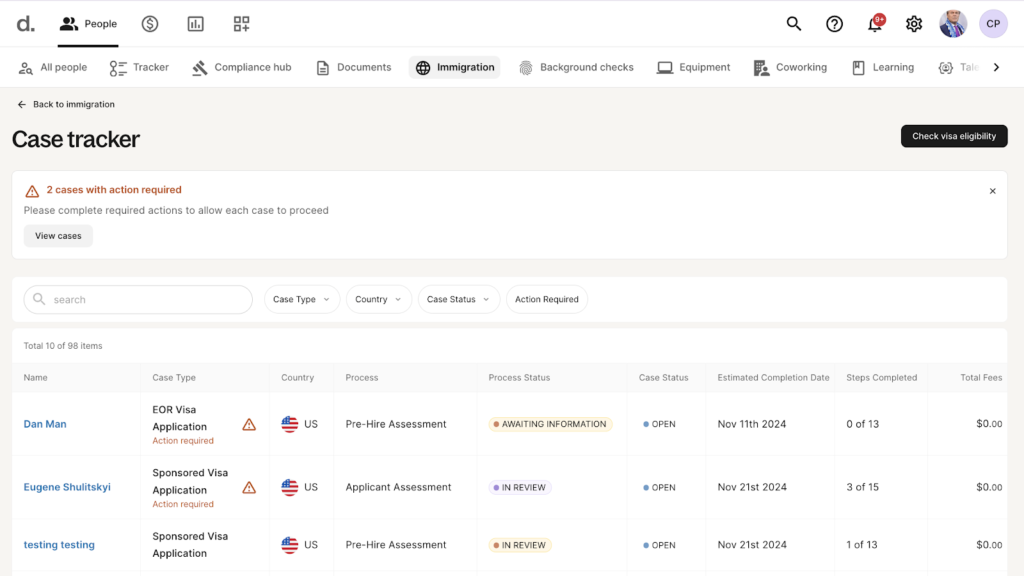 The Deel immigration case tracker dashboard displaying the employees with pending immigration cases and their current status.