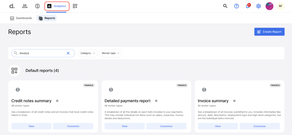 A list of report options displayed as cards on a dashboard. Report options include detailed payment report and invoice summary.