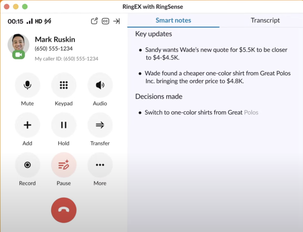 The RingCentral call screen with AI-powered smart notes on the right panel.