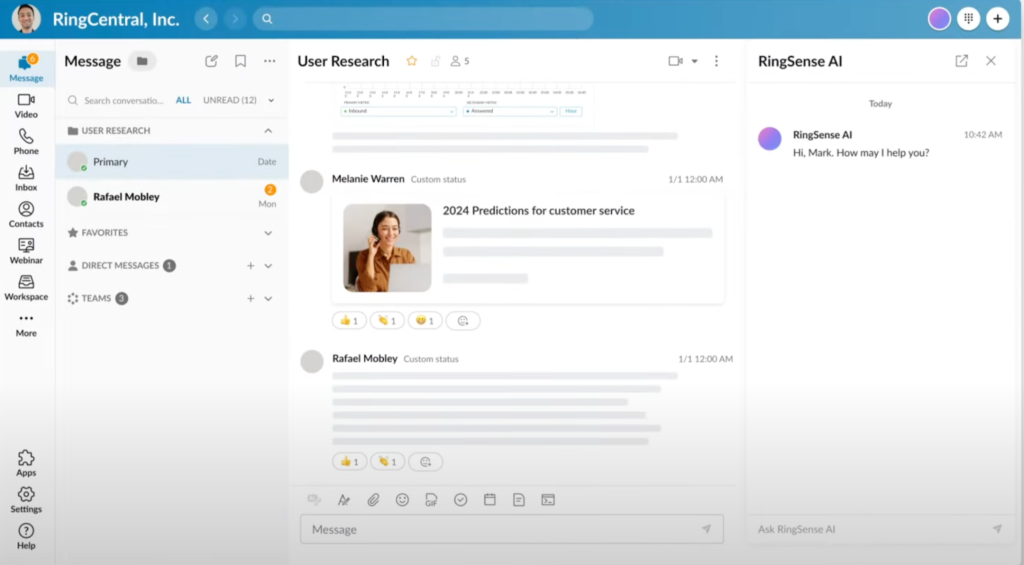 The RingCentral desktop interface displaying the messaging screen with RingSense AI in the right panel.