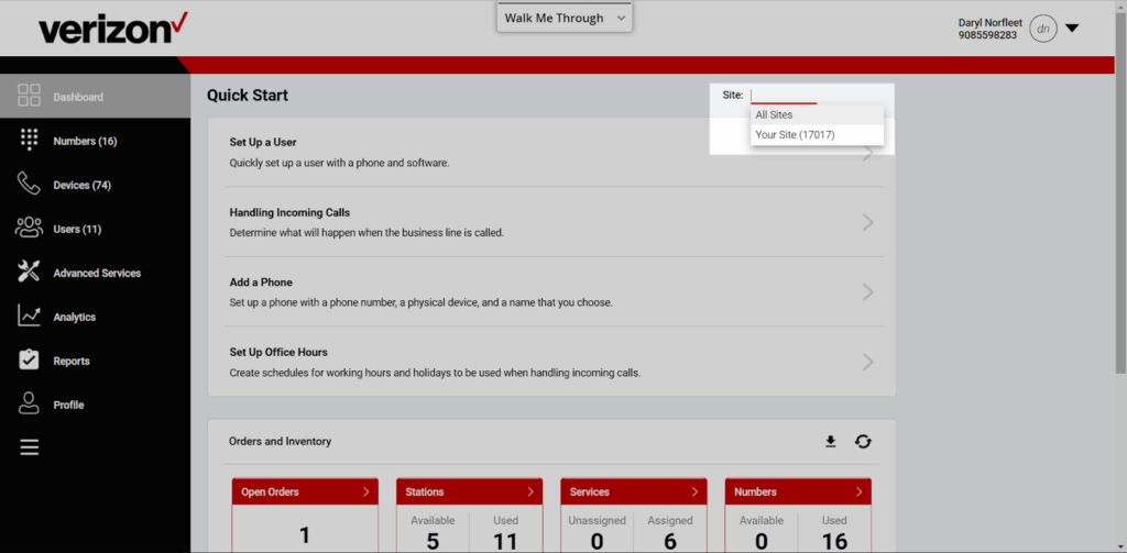 The Verizon Business user portal with configuration settings for numbers, devices, and analytics.