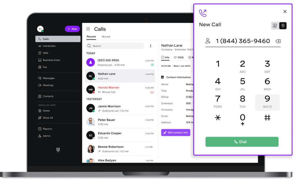 The Vonage Business Communications desktop app with call log screen and dial pad.