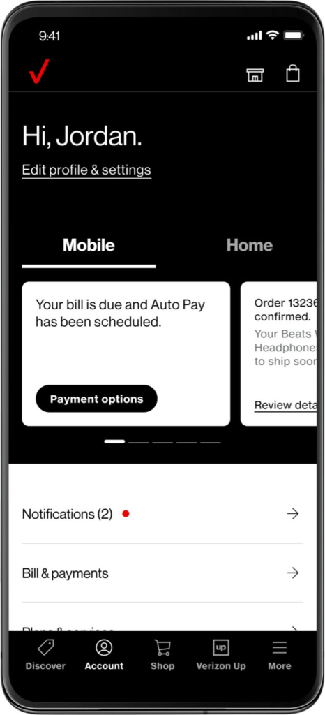 Verizon app account interface.