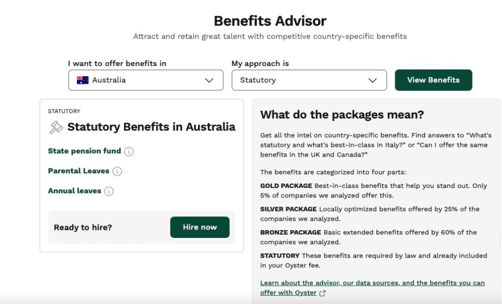 Oyster HR’s benefits advisor tool with a drop down menu to select the desired country and benefit approach.