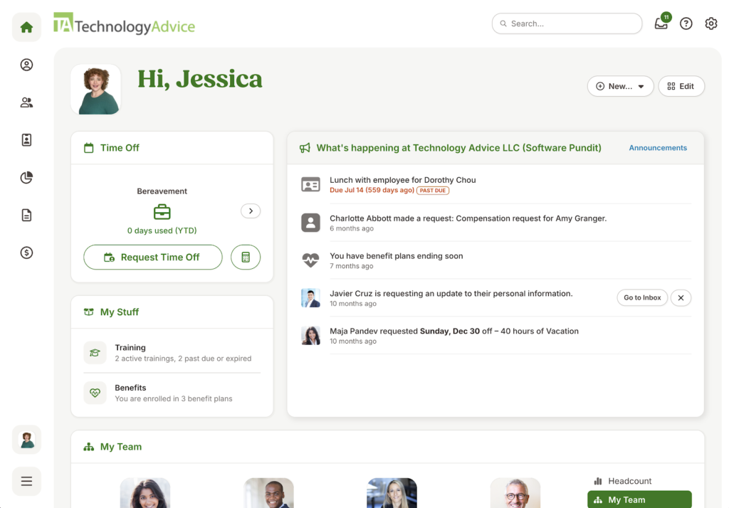 BambooHR displays its homepage with widgets for time off, training, benefits, announcements, and tasks.