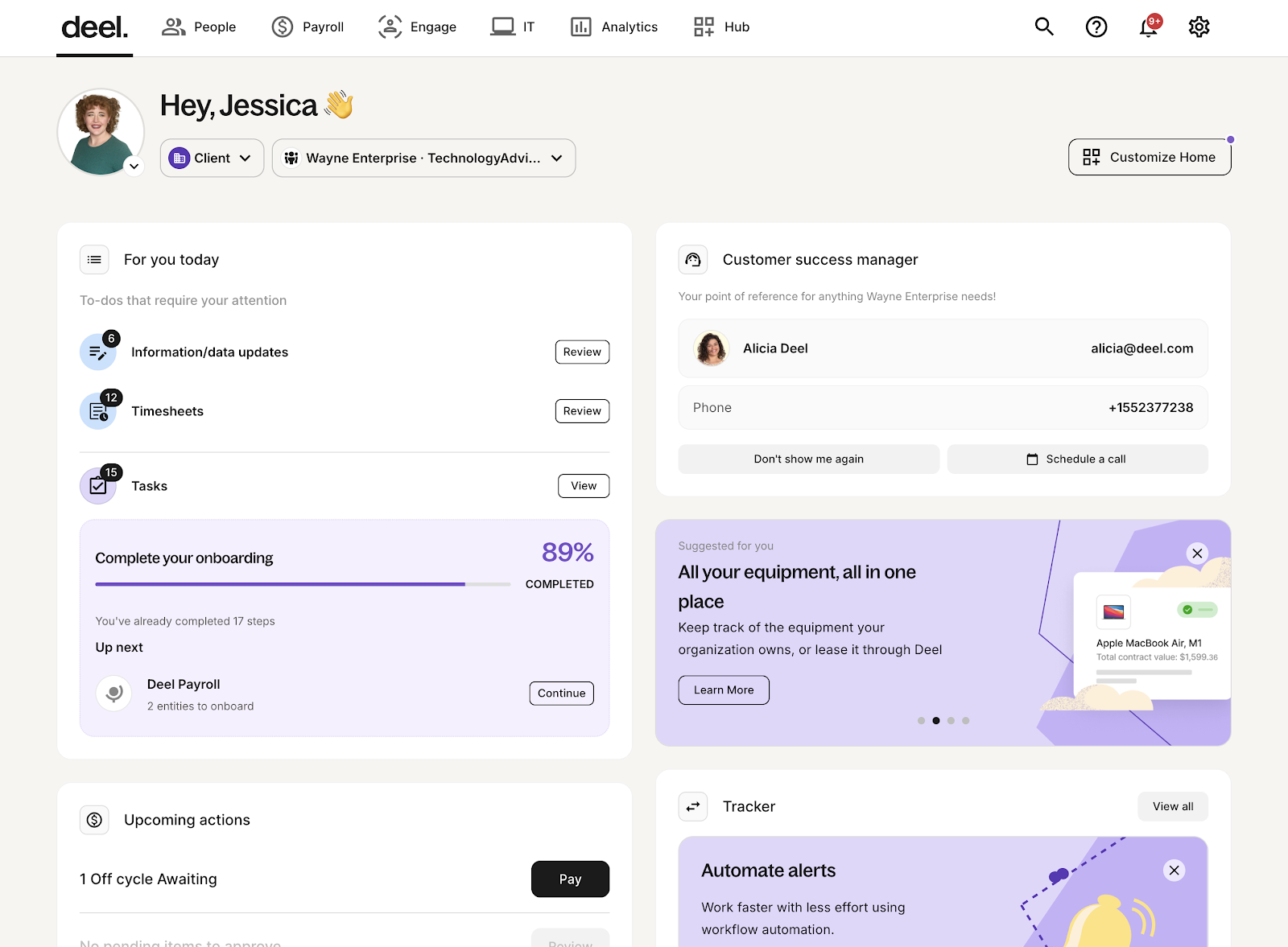 Deel displays its homepage with widgets for accessing upcoming tasks, timesheet approvals, payrolls, and onboarding, as well as the contact information for its customer success manager.