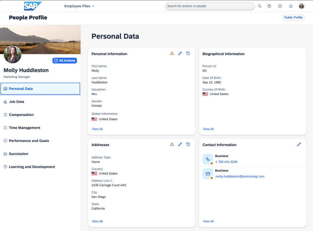 SAP displays an employee profile for someone named Molly Huddleston, with tabs to access personal data, job data, compensation, time management, performance, succession, and learning and development on the left and demographic data in the middle.