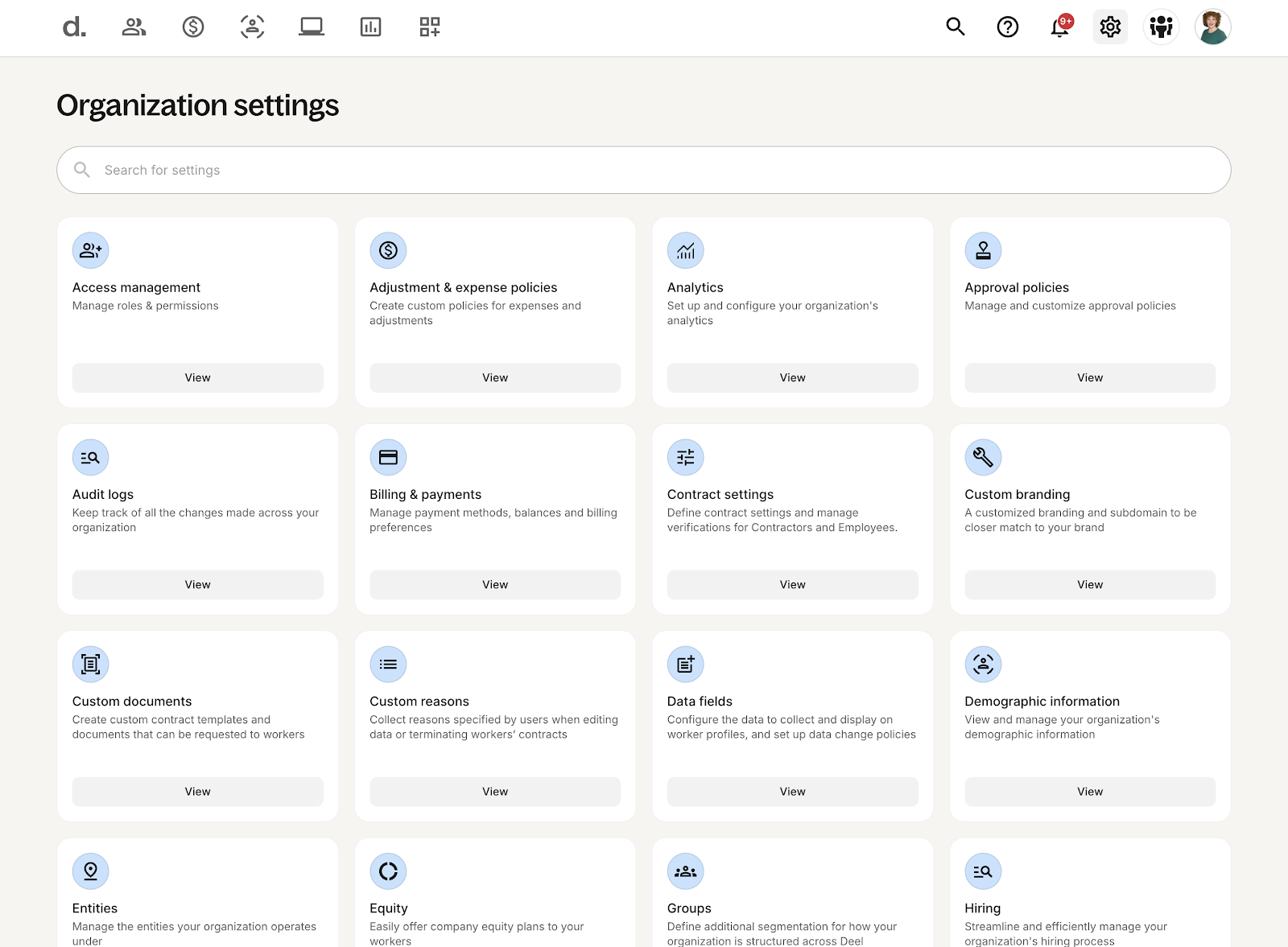 Deel displays its company settings page with links to view settings like access management, custom training, and equity.