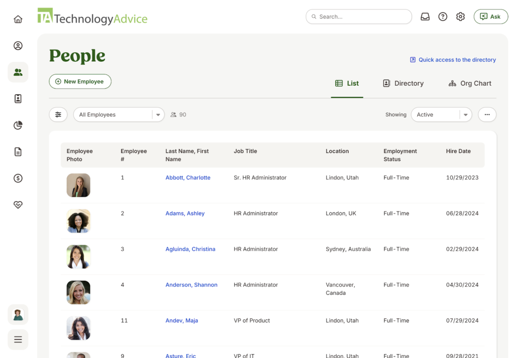 BambooHR displays a list of employee profile pictures alongside columns showing their employee number, names, job title, location, employment status, and hire date.