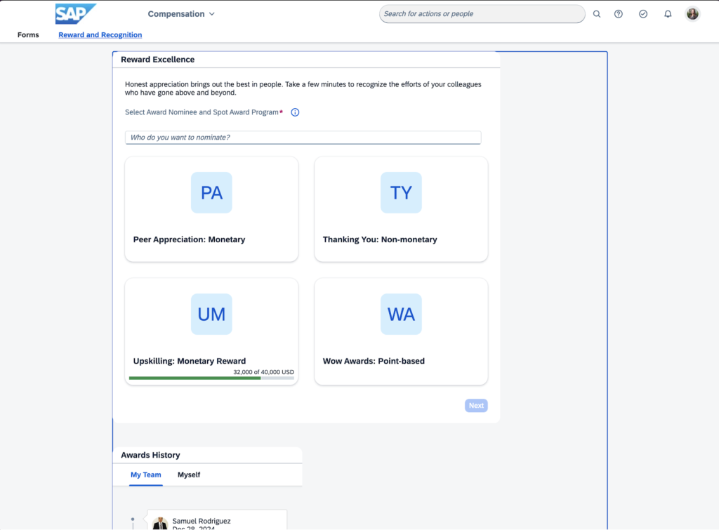 SAP displays its Rewards and Recognition dashboard with text explaining how to nominate peers for a spot award with boxes for monetary or non-monetary peer appreciation, thanking you, upskilling, and wow awards.