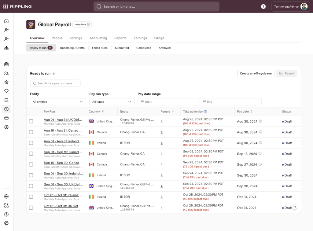 Rippling displays its global payroll dashboard with a list of payrolls organized by date, country, entity, people, pay date, and status.