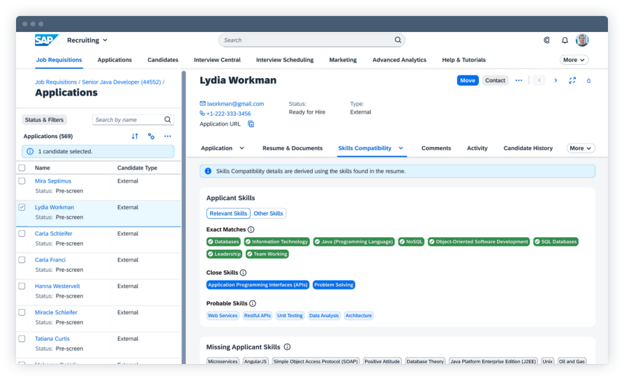 SAP displays its ATS with a list of applicants on the left and information on the right for an applicant named Lydia Workman, including a list of exact, close, and probable skills based on their résumé.